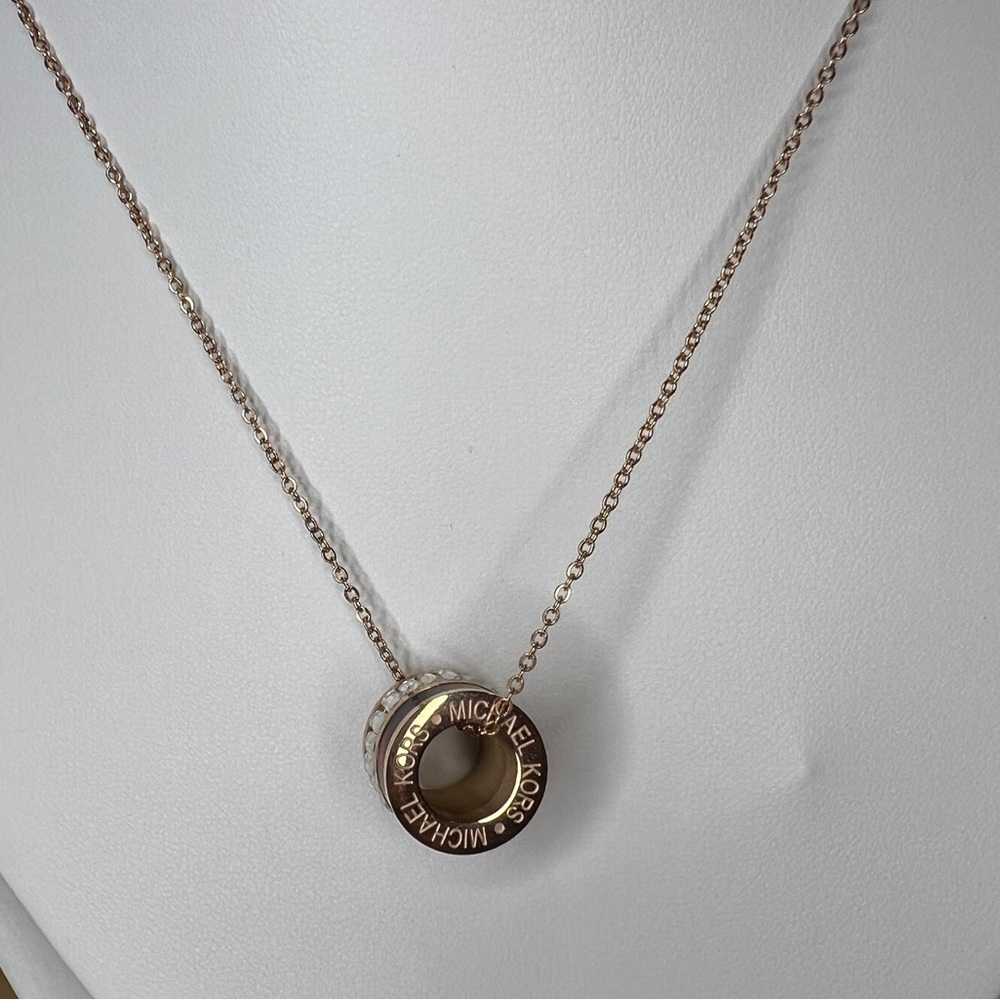Michael Kors Rose Gold Double Tortoise Shell Barrel Pendant Necklace - Picture 2 of 5